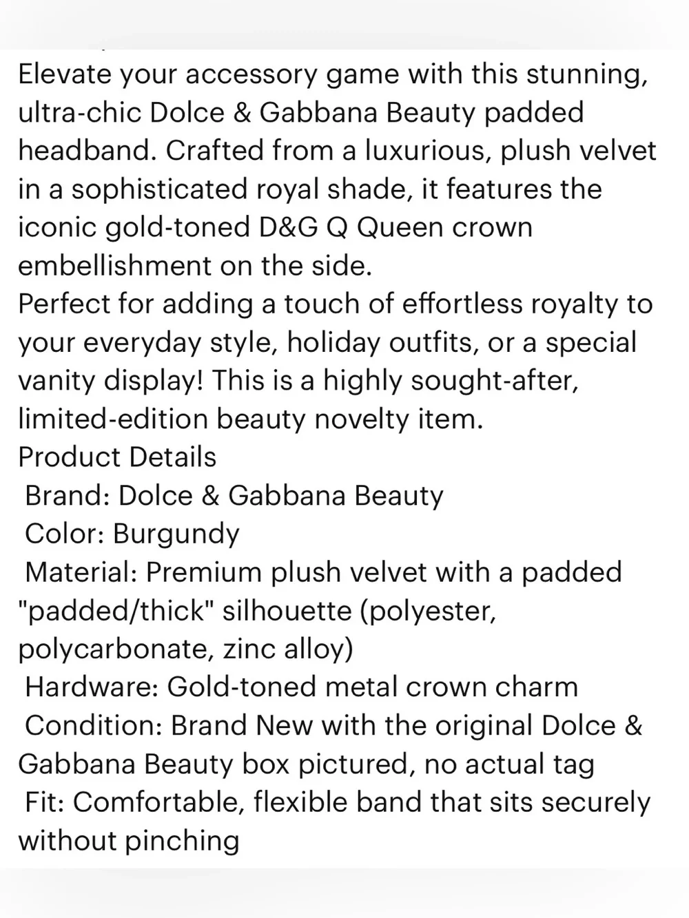 DOLCE & GABBANA BRAND NEW IN BOX LIMITED EDITION ROSE PLUSH VELVET HEADBAND